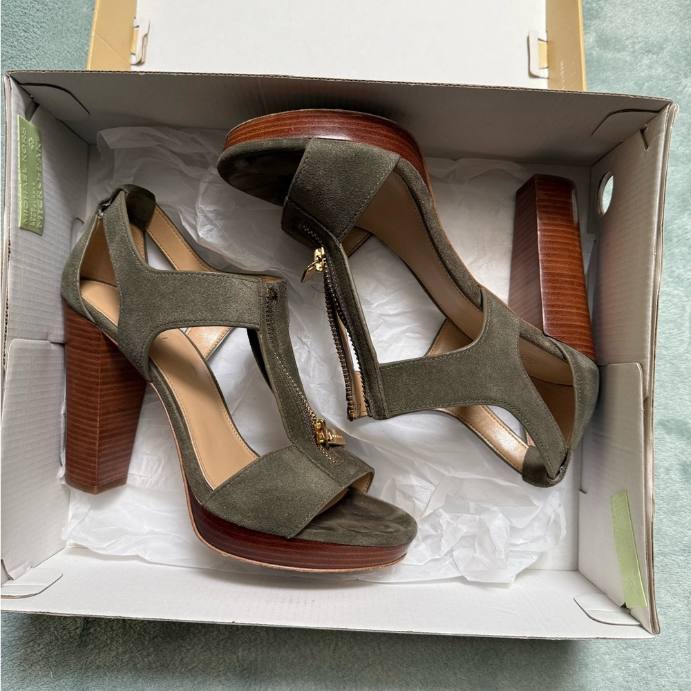 Michael Kors Berkley Suede Heel Sandals Wood Platform, Size 7, Olive Green